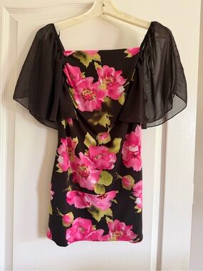 Dots Black Midi top with Bright Pink Floral Print